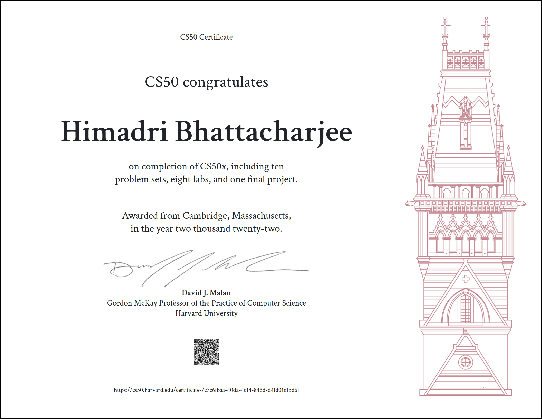 Harvard CS50 2022 Certificate
