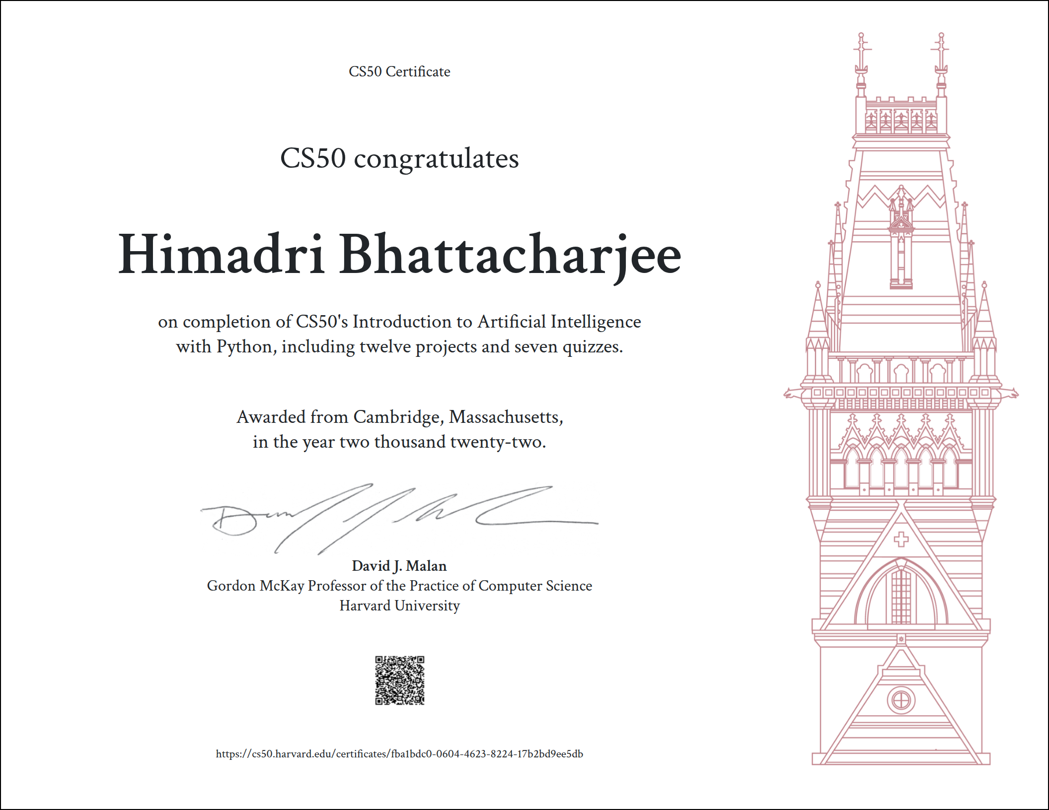 Harvard CS50 AI 2022 Certificate